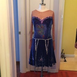 Blue velvet and mesh Latin completion dress.